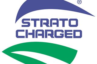Logo with the text 'STRATO CHARGED' in blue and green stylized swooshes.